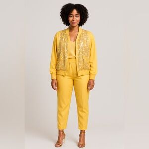 100% Silk Yellow Sequin Set Jacket Pants Jogger Suit 1X